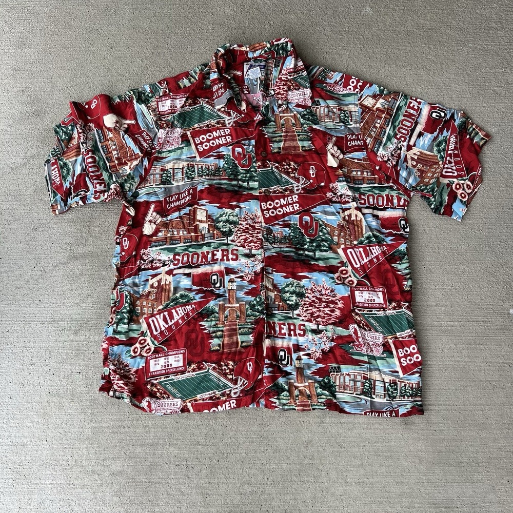 Vintage Reyn Spooner 2000 OU Sooners XL Rayon Hawaiian Aloha Shirt Red